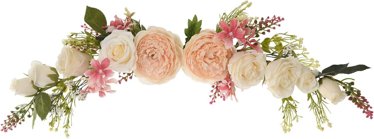 Artificial Peony Flower Swag – 25 Inch Decorative Swag with Champagne Peony, White Rose & Green Leaves for Wedding Arch, Front Door & Wall Décor